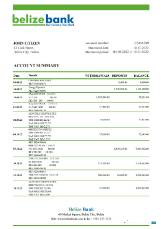 Download Belize Belize bank statement excel Photoshop template